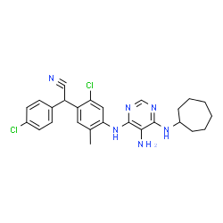 ChemSpider 2D Image | (4-{[5-Amino-6-(cycloheptylamino)-4-pyrimidinyl]amino}-2-chloro-5-methylphenyl)(4-chlorophenyl)acetonitrile | C26H28Cl2N6