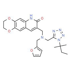 ChemSpider 2D Image | 8-{[(2-Furylmethyl){[1-(2-methyl-2-butanyl)-1H-tetrazol-5-yl]methyl}amino]methyl}-2,3-dihydro[1,4]dioxino[2,3-g]quinolin-7(6H)-one | C24H28N6O4