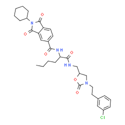 ChemSpider 2D Image | N-{1-[({3-[2-(3-Chlorophenyl)ethyl]-2-oxo-1,3-oxazolidin-5-yl}methyl)amino]-1-oxo-2-hexanyl}-2-cyclohexyl-1,3-dioxo-5-isoindolinecarboxamide | C33H39ClN4O6