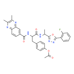 ChemSpider 2D Image | 4-[2-{[(2,3-Dimethyl-6-quinoxalinyl)carbonyl]amino}-3-({1-[5-(2-fluorophenyl)-1,3,4-oxadiazol-2-yl]ethyl}amino)-3-oxopropyl]phenyl acetate | C32H29FN6O5