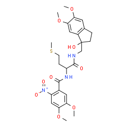 ChemSpider 2D Image | N-[1-{[(1-Hydroxy-5,6-dimethoxy-2,3-dihydro-1H-inden-1-yl)methyl]amino}-4-(methylsulfanyl)-1-oxo-2-butanyl]-4,5-dimethoxy-2-nitrobenzamide | C26H33N3O9S