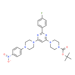 ChemSpider 2D Image | 2-Methyl-2-propanyl 4-{2-(4-fluorophenyl)-6-[4-(4-nitrophenyl)-1-piperazinyl]-4-pyrimidinyl}-1-piperazinecarboxylate | C29H34FN7O4