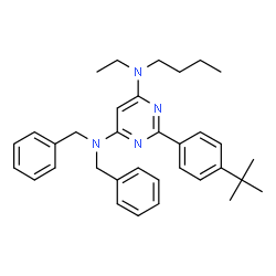 ChemSpider 2D Image | N,N-Dibenzyl-N'-butyl-N'-ethyl-2-[4-(2-methyl-2-propanyl)phenyl]-4,6-pyrimidinediamine | C34H42N4