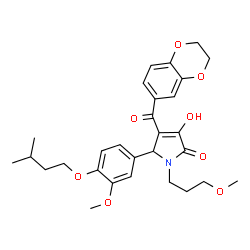 ChemSpider 2D Image | 4-(2,3-Dihydro-1,4-benzodioxin-6-ylcarbonyl)-3-hydroxy-5-[3-methoxy-4-(3-methylbutoxy)phenyl]-1-(3-methoxypropyl)-1,5-dihydro-2H-pyrrol-2-one | C29H35NO8