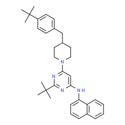 ChemSpider 2D Image | 2-(2-Methyl-2-propanyl)-6-{4-[4-(2-methyl-2-propanyl)benzyl]-1-piperidinyl}-N-(1-naphthyl)-4-pyrimidinamine | C34H42N4