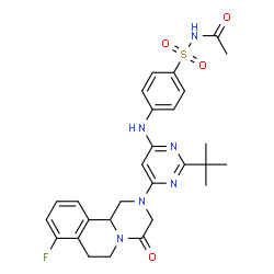 ChemSpider 2D Image | N-[(4-{[6-(8-Fluoro-4-oxo-1,3,4,6,7,11b-hexahydro-2H-pyrazino[2,1-a]isoquinolin-2-yl)-2-(2-methyl-2-propanyl)-4-pyrimidinyl]amino}phenyl)sulfonyl]acetamide | C28H31FN6O4S