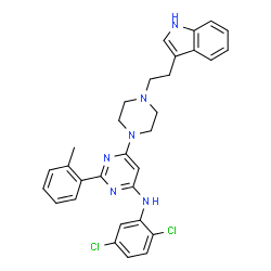 ChemSpider 2D Image | N-(2,5-Dichlorophenyl)-6-{4-[2-(1H-indol-3-yl)ethyl]-1-piperazinyl}-2-(2-methylphenyl)-4-pyrimidinamine | C31H30Cl2N6