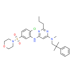 ChemSpider 2D Image | N'-[2-Chloro-5-(4-morpholinylsulfonyl)phenyl]-N-methyl-N-(2-methyl-2-phenylpropyl)-2-propyl-4,6-pyrimidinediamine | C28H36ClN5O3S