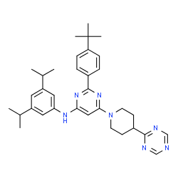 ChemSpider 2D Image | N-(3,5-Diisopropylphenyl)-2-[4-(2-methyl-2-propanyl)phenyl]-6-[4-(1,3,5-triazin-2-yl)-1-piperidinyl]-4-pyrimidinamine | C34H43N7