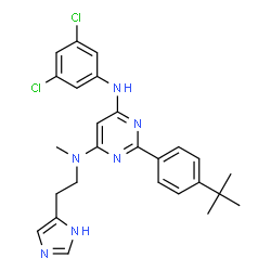 ChemSpider 2D Image | N'-(3,5-Dichlorophenyl)-N-[2-(1H-imidazol-5-yl)ethyl]-N-methyl-2-[4-(2-methyl-2-propanyl)phenyl]-4,6-pyrimidinediamine | C26H28Cl2N6