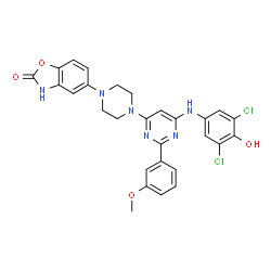 ChemSpider 2D Image | 5-(4-{6-[(3,5-Dichloro-4-hydroxyphenyl)amino]-2-(3-methoxyphenyl)-4-pyrimidinyl}-1-piperazinyl)-1,3-benzoxazol-2(3H)-one | C28H24Cl2N6O4