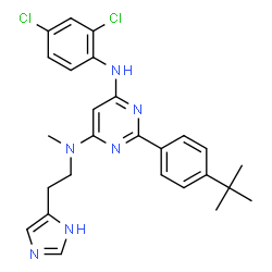 ChemSpider 2D Image | N'-(2,4-Dichlorophenyl)-N-[2-(1H-imidazol-5-yl)ethyl]-N-methyl-2-[4-(2-methyl-2-propanyl)phenyl]-4,6-pyrimidinediamine | C26H28Cl2N6