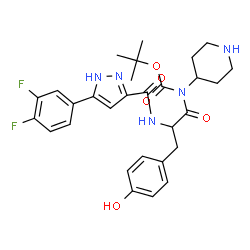 ChemSpider 2D Image | Nalpha-{[5-(3,4-Difluorophenyl)-1H-pyrazol-3-yl]carbonyl}-N-{[(2-methyl-2-propanyl)oxy]carbonyl}-N-4-piperidinyltyrosinamide | C29H33F2N5O5
