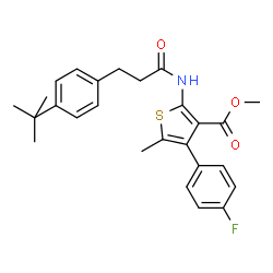 ChemSpider 2D Image | Methyl 2-{[3-(4-tert-butylphenyl)propanoyl]amino}-4-(4-fluorophenyl)-5-methylthiophene-3-carboxylate | C26H28FNO3S