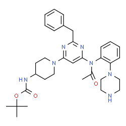 ChemSpider 2D Image | 2-Methyl-2-propanyl [1-(6-{acetyl[2-(1-piperazinyl)phenyl]amino}-2-benzyl-4-pyrimidinyl)-4-piperidinyl]carbamate | C33H43N7O3