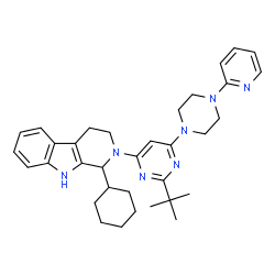 ChemSpider 2D Image | 1-Cyclohexyl-2-{2-(2-methyl-2-propanyl)-6-[4-(2-pyridinyl)-1-piperazinyl]-4-pyrimidinyl}-2,3,4,9-tetrahydro-1H-beta-carboline | C34H43N7
