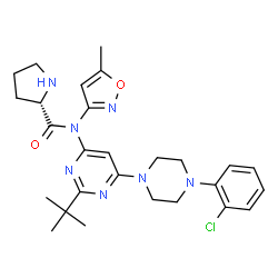ChemSpider 2D Image | N-{6-[4-(2-Chlorophenyl)-1-piperazinyl]-2-(2-methyl-2-propanyl)-4-pyrimidinyl}-N-(5-methyl-1,2-oxazol-3-yl)-L-prolinamide | C27H34ClN7O2