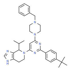 ChemSpider 2D Image | 5-{6-(4-Benzyl-1-piperazinyl)-2-[4-(2-methyl-2-propanyl)phenyl]-4-pyrimidinyl}-4-isopropyl-4,5,6,7-tetrahydro-1H-imidazo[4,5-c]pyridine | C34H43N7
