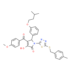 ChemSpider 2D Image | 3-Hydroxy-4-(4-methoxybenzoyl)-1-{5-[(4-methylbenzyl)sulfanyl]-1,3,4-thiadiazol-2-yl}-5-[3-(3-methylbutoxy)phenyl]-1,5-dihydro-2H-pyrrol-2-one | C33H33N3O5S2