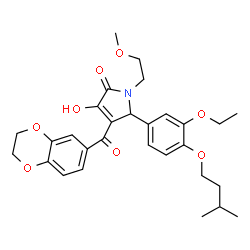ChemSpider 2D Image | 4-(2,3-Dihydro-1,4-benzodioxin-6-ylcarbonyl)-5-[3-ethoxy-4-(3-methylbutoxy)phenyl]-3-hydroxy-1-(2-methoxyethyl)-1,5-dihydro-2H-pyrrol-2-one | C29H35NO8