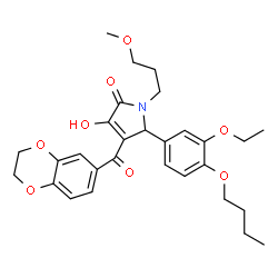 ChemSpider 2D Image | 5-(4-Butoxy-3-ethoxyphenyl)-4-(2,3-dihydro-1,4-benzodioxin-6-ylcarbonyl)-3-hydroxy-1-(3-methoxypropyl)-1,5-dihydro-2H-pyrrol-2-one | C29H35NO8