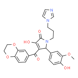 ChemSpider 2D Image | 4-(2,3-Dihydro-1,4-benzodioxin-6-ylcarbonyl)-3-hydroxy-5-(4-hydroxy-3-methoxyphenyl)-1-[3-(1H-imidazol-1-yl)propyl]-1,5-dihydro-2H-pyrrol-2-one | C26H25N3O7