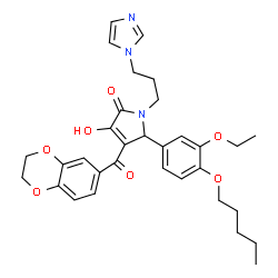 ChemSpider 2D Image | 4-(2,3-Dihydro-1,4-benzodioxin-6-ylcarbonyl)-5-[3-ethoxy-4-(pentyloxy)phenyl]-3-hydroxy-1-[3-(1H-imidazol-1-yl)propyl]-1,5-dihydro-2H-pyrrol-2-one | C32H37N3O7