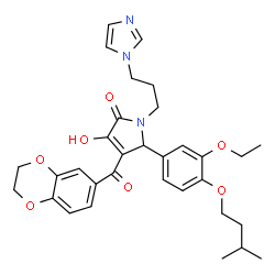 ChemSpider 2D Image | 4-(2,3-Dihydro-1,4-benzodioxin-6-ylcarbonyl)-5-[3-ethoxy-4-(3-methylbutoxy)phenyl]-3-hydroxy-1-[3-(1H-imidazol-1-yl)propyl]-1,5-dihydro-2H-pyrrol-2-one | C32H37N3O7