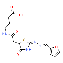 ChemSpider 2D Image | 4-[({(2E)-2-[(2E)-(2-Furylmethylene)hydrazono]-4-oxo-1,3-thiazolidin-5-yl}acetyl)amino]butanoic acid | C14H16N4O5S