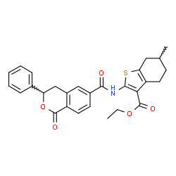 ChemSpider 2D Image | Ethyl 6-methyl-2-{[(1-oxo-3-phenyl-3,4-dihydro-1H-isochromen-6-yl)carbonyl]amino}-4,5,6,7-tetrahydro-1-benzothiophene-3-carboxylate | C28H27NO5S
