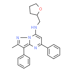 ChemSpider 2D Image | 2-Methyl-3,5-diphenyl-N-(tetrahydro-2-furanylmethyl)pyrazolo[1,5-a]pyrimidin-7-amine | C24H24N4O