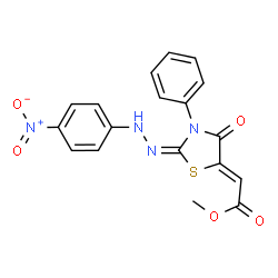 ChemSpider 2D Image | Methyl (2Z)-{(2E)-2-[(4-nitrophenyl)hydrazono]-4-oxo-3-phenyl-1,3-thiazolidin-5-ylidene}acetate | C18H14N4O5S