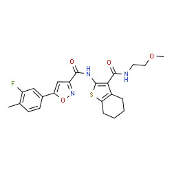 ChemSpider 2D Image | 5-(3-Fluoro-4-methylphenyl)-N-{3-[(2-methoxyethyl)carbamoyl]-4,5,6,7-tetrahydro-1-benzothiophen-2-yl}-1,2-oxazole-3-carboxamide | C23H24FN3O4S