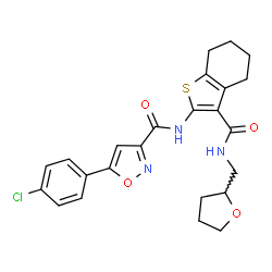 ChemSpider 2D Image | 5-(4-Chlorophenyl)-N-{3-[(tetrahydro-2-furanylmethyl)carbamoyl]-4,5,6,7-tetrahydro-1-benzothiophen-2-yl}-1,2-oxazole-3-carboxamide | C24H24ClN3O4S