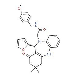 ChemSpider 2D Image | 2-[11-(2-Furyl)-3,3-dimethyl-1-oxo-1,2,3,4,5,11-hexahydro-10H-dibenzo[b,e][1,4]diazepin-10-yl]-N-(4-methoxybenzyl)acetamide | C29H31N3O4
