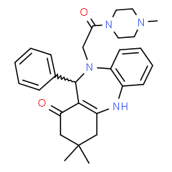 ChemSpider 2D Image | 3,3-Dimethyl-10-[2-(4-methyl-1-piperazinyl)-2-oxoethyl]-11-phenyl-2,3,4,5,10,11-hexahydro-1H-dibenzo[b,e][1,4]diazepin-1-one | C28H34N4O2