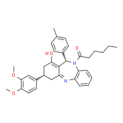 ChemSpider 2D Image | 1-[3-(3,4-Dimethoxyphenyl)-1-hydroxy-11-(4-methylphenyl)-2,3,4,11-tetrahydro-10H-dibenzo[b,e][1,4]diazepin-10-yl]-1-hexanone | C34H38N2O4