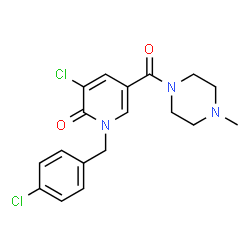 ChemSpider 2D Image | 3-Chloro-1-(4-chlorobenzyl)-5-[(4-methyl-1-piperazinyl)carbonyl]-2(1H)-pyridinone | C18H19Cl2N3O2