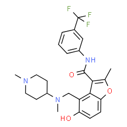 ChemSpider 2D Image | 5-Hydroxy-2-methyl-4-{[methyl(1-methyl-4-piperidinyl)amino]methyl}-N-[3-(trifluoromethyl)phenyl]-1-benzofuran-3-carboxamide | C25H28F3N3O3