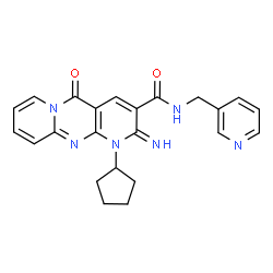 ChemSpider 2D Image | 1-Cyclopentyl-2-imino-5-oxo-N-(3-pyridinylmethyl)-1,5-dihydro-2H-dipyrido[1,2-a:2',3'-d]pyrimidine-3-carboxamide | C23H22N6O2