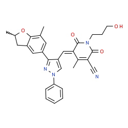 ChemSpider 2D Image | (5E)-5-{[3-(2,7-Dimethyl-2,3-dihydro-1-benzofuran-5-yl)-1-phenyl-1H-pyrazol-4-yl]methylene}-1-(3-hydroxypropyl)-4-methyl-2,6-dioxo-1,2,5,6-tetrahydro-3-pyridinecarbonitrile | C30H28N4O4