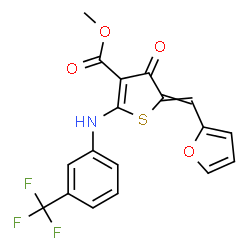 ChemSpider 2D Image | Methyl 5-(2-furylmethylene)-4-oxo-2-{[3-(trifluoromethyl)phenyl]amino}-4,5-dihydro-3-thiophenecarboxylate | C18H12F3NO4S