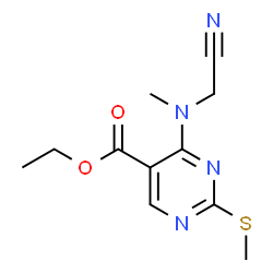 ChemSpider 2D Image | Ethyl 4-[(cyanomethyl)(methyl)amino]-2-(methylsulfanyl)-5-pyrimidinecarboxylate | C11H14N4O2S