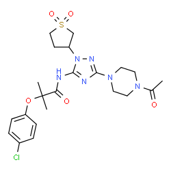ChemSpider 2D Image | N-[3-(4-Acetyl-1-piperazinyl)-1-(1,1-dioxidotetrahydro-3-thiophenyl)-1H-1,2,4-triazol-5-yl]-2-(4-chlorophenoxy)-2-methylpropanamide | C22H29ClN6O5S