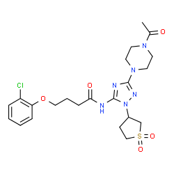 ChemSpider 2D Image | N-[3-(4-Acetyl-1-piperazinyl)-1-(1,1-dioxidotetrahydro-3-thiophenyl)-1H-1,2,4-triazol-5-yl]-4-(2-chlorophenoxy)butanamide | C22H29ClN6O5S