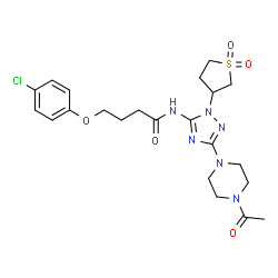 ChemSpider 2D Image | N-[3-(4-Acetyl-1-piperazinyl)-1-(1,1-dioxidotetrahydro-3-thiophenyl)-1H-1,2,4-triazol-5-yl]-4-(4-chlorophenoxy)butanamide | C22H29ClN6O5S