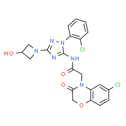 ChemSpider 2D Image | 2-(6-Chloro-3-oxo-2,3-dihydro-4H-1,4-benzoxazin-4-yl)-N-[1-(2-chlorophenyl)-3-(3-hydroxy-1-azetidinyl)-1H-1,2,4-triazol-5-yl]acetamide | C21H18Cl2N6O4