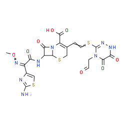 ChemSpider 2D Image | 7-{[(2Z)-2-(2-Amino-1,3-thiazol-4-yl)-2-(methoxyimino)acetyl]amino}-3-[(E)-2-{[5,6-dioxo-4-(2-oxoethyl)-1,4,5,6-tetrahydro-1,2,4-triazin-3-yl]sulfanyl}vinyl]-8-oxo-5-thia-1-azabicyclo[4.2.0]oct-2-ene-
2-carboxylic acid | C20H18N8O8S3