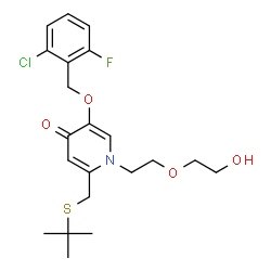 ChemSpider 2D Image | 5-[(2-Chloro-6-fluorobenzyl)oxy]-1-[2-(2-hydroxyethoxy)ethyl]-2-{[(2-methyl-2-propanyl)sulfanyl]methyl}-4(1H)-pyridinone | C21H27ClFNO4S