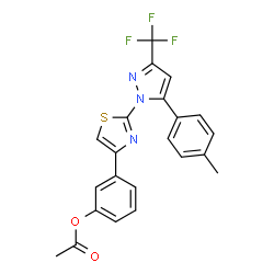 ChemSpider 2D Image | 3-{2-[5-(4-Methylphenyl)-3-(trifluoromethyl)-1H-pyrazol-1-yl]-1,3-thiazol-4-yl}phenyl acetate | C22H16F3N3O2S